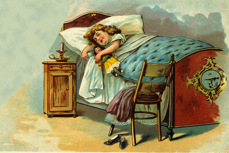 A sleepy little girl hugs her doll in her arms. Illustrated board from the beginning of the 20th century.