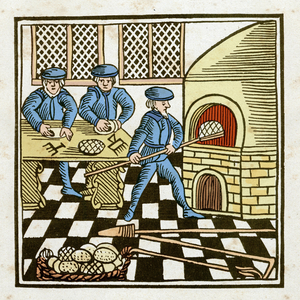 Making and baking Matzoh (Matzoth), unleavened bread, during the Jewish Easter. 17th century engraving