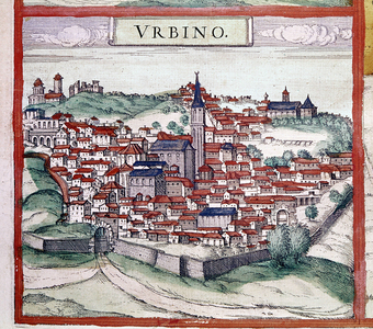 View of the city of Urbino: map of the city. Plank from an edition of “Theatrum Orbis Terrarum"” by cartographer Abraham Ortelius (1527-1598), 1584