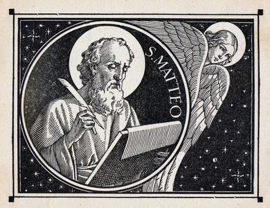Saint Mathieu (Matthew) and the Angel. Xylography from an album for children of the Italian Catholic Union, 1928