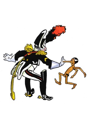 Pinocchio with a carabiniere. Drawing by Attilio Mussino (1878-1954). Carlo Collodi's Tale, “Pinocchio's Adventure”