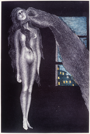 A giant hand strangled a naked woman, 1934 (drawing)