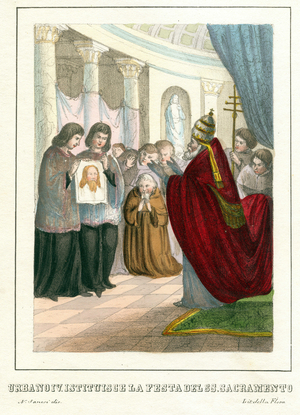 The Holy Veil presented to Pope Urban 4 (James Pantaleon called Papa Urbano IV (1200-1264) during the institution of the feast of the Blessed Sacrament. Lithograph of the half of the 19th century.