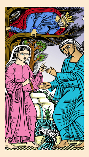 Tristan and Iseult: King Mark spies on Tristan and Iseult but the two lovers notice it and pretend the detachment. Popular print from the beginning of the 20th century.