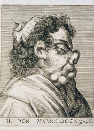 Profile of man with a monstrous face and comic name: H. Von Mamolocon 17th century German print