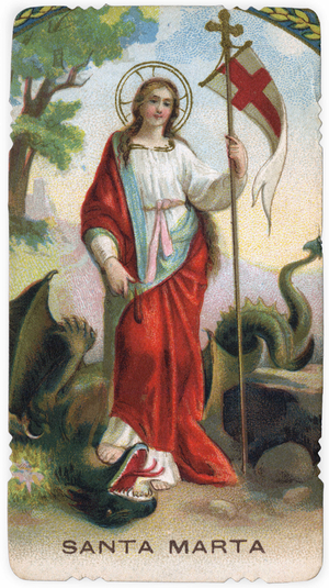 Representation of Saint Martha (48-68): she crushes the head of the Tarasque with the foot. Chromolithography, 1898
