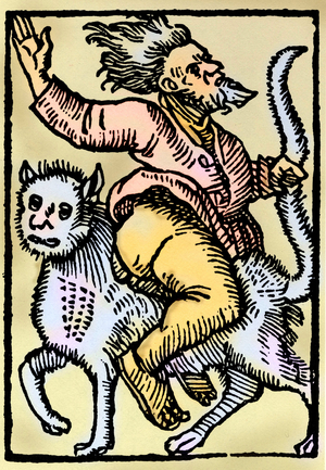 A sorcerer goes to the Sabbath on the back of a cat, 16th century