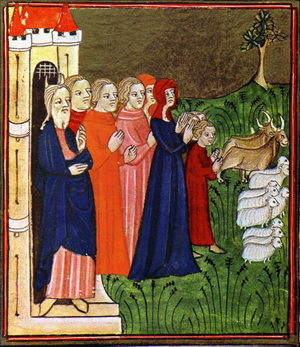 Le peuple juif partit d'Egypte. Exode 12, 31-38. Miniature de ""La Bible de Sens"", XIV siecle. Turin, Biblioteca Reale ©Fototeca/Leemage