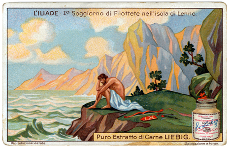 Homere's Iliad: first stay of Philoctete on the island of Lemnos. All he possessed was the shield and bow of Hercules (Heracles). Chromolithography Liebig, Italy 1927.