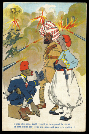 Colonialism: anti-militarist cartoon. Indigenous peoples comment about the imperialist soldiers who shoot themselves: “" and say that they are the ones who taught us civility "”, chromolithography about 1900.