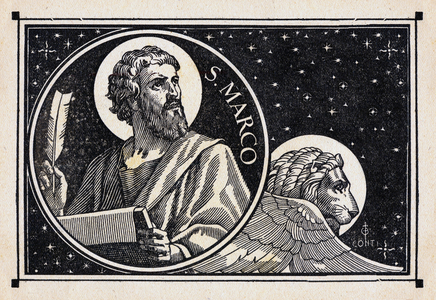 Saint Mark and the Lion. Xylography from an album for children of the Italian Catholic Union, 1928
