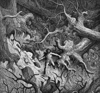 Illustration of “" The Furious Roland "” (Orlando Furioso) by Ludovico Ariosto (Arioste) (1474 - 1533): Roland, completely furious destroys the forest and animals. Ill. of Gustave Doré. Chant 24, 13, 19th century.