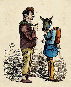 Education : un ecolier indiscipline portant le masque de l""ane (bonnet d'ane), est gronde par son instituteur. Gravure du 19eme siecle ©Fototeca/Leemage