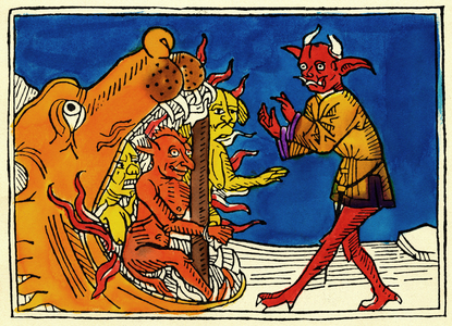 Le démon Belial retoune aux portes de l'Enfer. Gravure in ""Libro di Belial"" de Jacopo da Teramo, imprimé à Augusta en 1473.