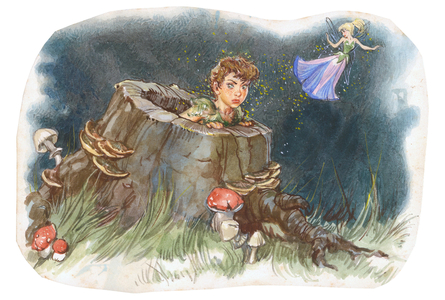 “Peter Pan and the Fee Bell” for “Peter Pan” by James Matthew Barrie (JM or J. M. Barrie, 1860-1937) 1909-1910.