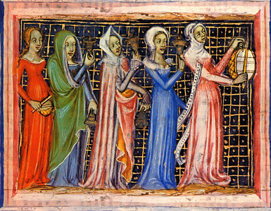 Exodus: Prophetess Myriam (Miriam) guiding women out of the Red Sea. Miniature from the Bible of King Wensceslas, 14th century. Vienna, National Library.