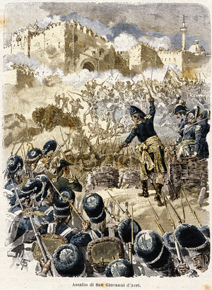 Egyptian Campaign: The Siege of Saint John of Acre by Napoleon Bonaparte (1769-1821) 1799 Engraving by Antonio Bonamore (1845-1907) from “" Napoleon Story "” 1893