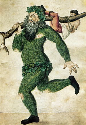 A giant (wild man) with a body covered with leaves carries a torn tree trunk to which a prisoner is attached. Engraving taken from “" Schempart Buech "” 16th century