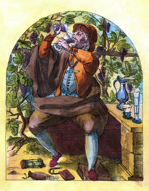 Le buveur: homme assis prés d'une tonnelle et buvant le nectar de Bacchus (Bacco). Gravure à l'aquarelle de Hendrick Goltzius, 16eme siècle.