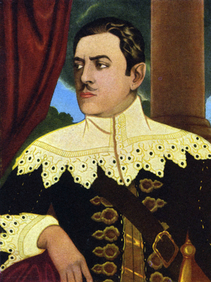 Portrait of Italian tenor Tito Schipa (1889-1965) performing the Duke of Mantua in the opera “" Rigoletto "” by Giuseppe Verdi (1813-1901). Illustration of Nanni, about 1930.