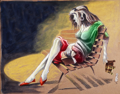 A young woman shot down and dissolved morals is represented sitting on a bench, throwing her crown: allegory of Italy. “When thoughts...” Illustration by Maurizio Soffiati. Mixed media on board, 1996