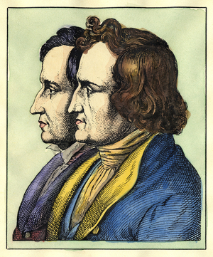 Portrait of writers Jacob and Wilhelm Grimm, 1890 (engraving)