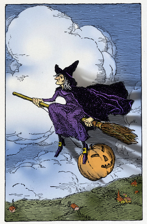 Halloween: A witch riding her broom takes a pumpkin with her. Early 20th century