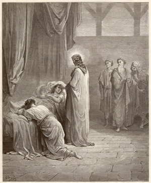 Miracle: Jesus Christ healed the daughter of Jaire (Jairus or Jairos). Engraving from the Bible illustrated by Gustave Dore (1832-1883), 19th century