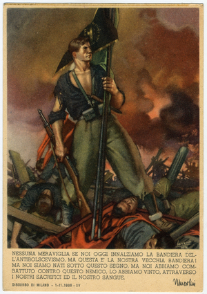 Fascism: propaganda postcard illustrated by Gino Boccasil (1901-1952) representing a member of the Black Shirts standing victorious among the enemy dead.