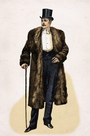 Men's fashion: elegant young man with dandy looks in fur coat and top hat. 19th century lithography