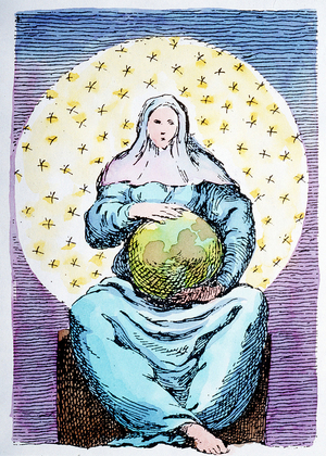 Allegory of eternity represented by a woman in a blue dress, sitting on a marble cube - engraving after “" Iconology of Various Authors "” by J.B Boudard, Parma, 1759.