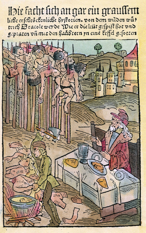 Representation of Vlad Tepes III the Empaler or Dracula (1431-1476) who inspired the Count Dracula of Bram Stoker: he had lunch in front of his impaled prisoners. Engraving from a German Treaty of the 15th Century