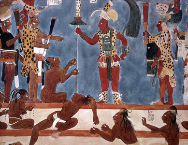 A great chief condemns prisoners to death. Fresco by Bonampak (South-East Mexico).