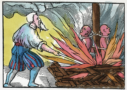 Inquisition: Two Dominican monks accused of having made a pact with the devil are burned on the bucher of the Tribunal of the Inquisition. Engraving in “" True History of Four Jacopins "”, 1549