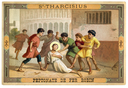 “" Representation of Saint Tarcisius (3rd century) martyr in Rome "” On the sides, two Chrisms. 19th century chromolithography
