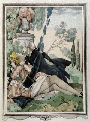 Casanova in a garden with a lady (engraving)