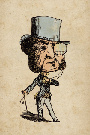 Caricature of a snob, elegant man in affected ways, looking with contempt through his monocle (dandy). Colored 19th century print