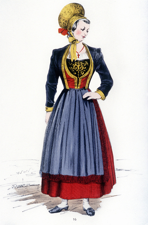 Traditional women's Walser costume. Plate n. 16 of “" Costumi popolari italiani. Italia setttentrional "”. Lithograph based on a drawing by Aldo Fornoni and Maria Angela Grassi. G. G. Gurlich Editore, Milan 1958.