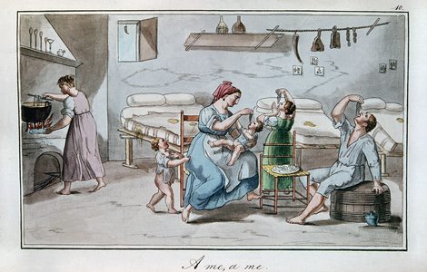 “To me, to me.” A family of Neapolitan “spaghettari” eating spaghetti with their hands. Popular 19th century print