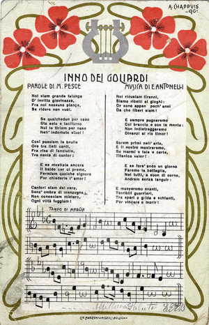Anthem of University Students. Lyrics by M. Pesce, music by E. Antonelli. 1901 (chromo)