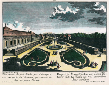 The gardens of the Belvedere (Orangery) Vienna (Austria) .Etching by Solomon Kleiners from the 18th century.
