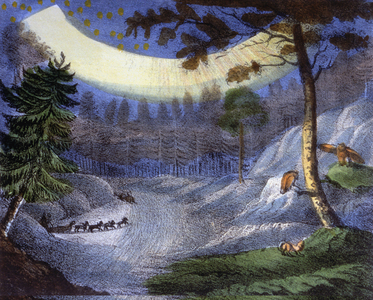 Aurora borealis observed in North America. Watercolor lithograph by Galleria Universale di Tutti i Popoli del Mondo, Venice 1841.