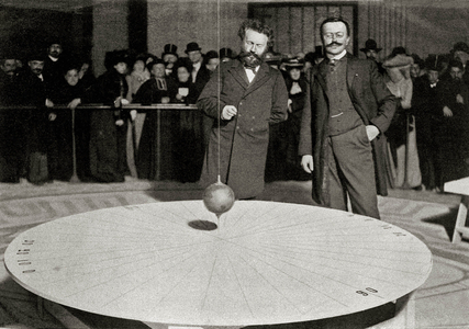Portrait of French physicist Leon Foucault (1819-68) experimenting with his pendulum on the rotation of the Earth at the pantheon in Paris.