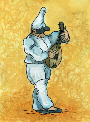 Polichinelle, character of the Commedia dell'Arte, playing mandolin. Watercolor, 1985
