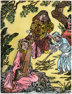 Representation of the Mongolian Emperor Genghis Khan (Temujin) (1162-1227) consulting the oracles by means of sticks. Drawing after a Chinese miniature of the 18th century.