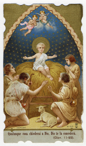 Nativity: the child Jesus loves shepherds. Chromolithography of 1910