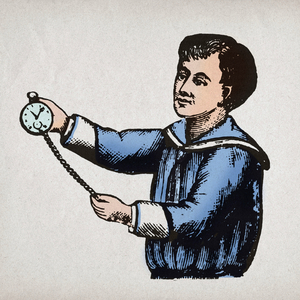 A young boy looking at the time on a gusset watch. American advertisement circa 1865