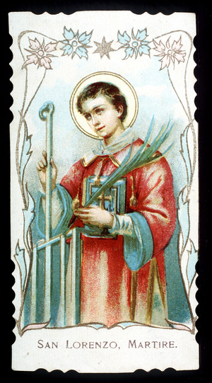 Saint Lawrence (Lorenzo) Martyr. Classical representation: in the hand the palm of martyrdom, the Sacred Book and the grill on which it was burned alive. Chromolithography, 1900.
