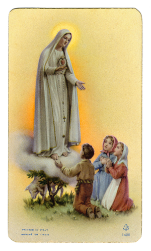 Pious image: The appearance of Our Lady of Fatima took place on May 13, 1917 in front of three little shepherds; Brothers Francisco and Jacinta Marto; (9 and 7 years old) and their cousin Lucie dos Santos (10 years old). Photolithographic color, circa 1950.