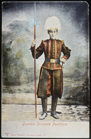 Vatican: a Swiss Guard (or Swiss Guard). The young man wears a striped uniform and a feathered head cover. Colorful photograph in watercolor. 1900 approx.
